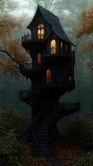 Fototapeta premium Enchanted treehouse nestled deep inside misty forest. Dark gothic architecture. Light shines from windows. Spiral staircase winds up to balconies. Mysterious, cozy. Fairy tale style. Autumn leaves.