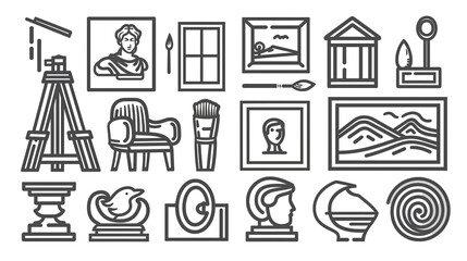 Line art icons of art supplies, sculptures, and paintings.