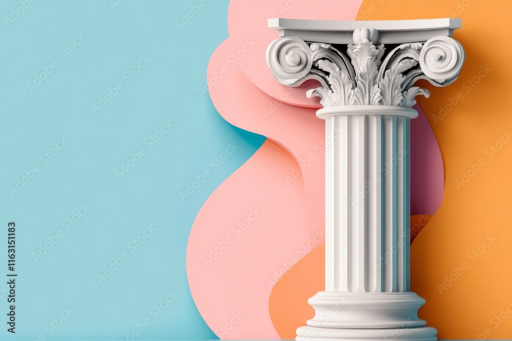 Poster a stylized flat design of a single ionic column in pastel colors, representing timeless architectura
