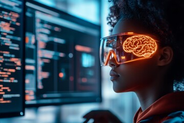 A student coding on multiple screens with glowing brain activity illustrating their sharp intellect and high IQ