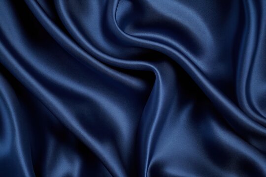 Close up view of elegant navy blue silk satin. Smooth and shiny deep blue fabric with wavy folds and creases. Luxurious material with high resolution. Ideal for backgrounds or wallpapers.