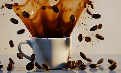Coffee Beans Splashing into a White Mug: Dynamic Coffee Photography