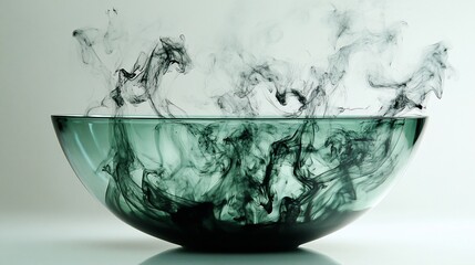 Dark ink swirling in a glass bowl.