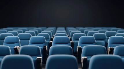 Obraz premium Blue theater seats arranged in neat rows with dark background creating a minimalist and elegant ambiance