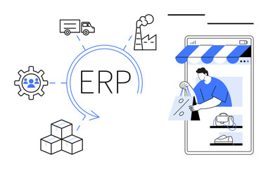 Circular ERP arrows connecting gear, delivery truck, factory, cubes. User holding shopping bags from a smartphone screen with storefront. Ideal for supply chain, logistics, e-commerce, business