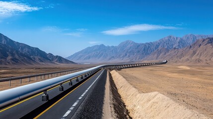 Desert landscape featuring a long, straight road leading to distant mountains under clear blue sky