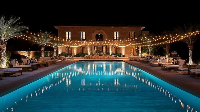 Nighttime Poolside View of Elegant Mansion with String Lights