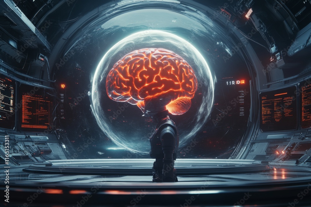 Poster a 3d-rendered glowing brain floating in a futuristic chamber, surrounded by holographic data panels 