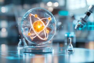 Fototapeta premium A 3D-rendered glowing ion model with orbiting particles, displayed in a futuristic scientific setting