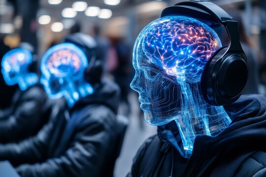 A bustling coworking space filled with innovative thinkers, each glowing brain symbolizing collaboration and collective IQ