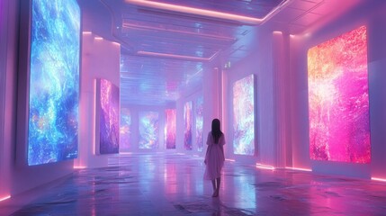 Futuristic art gallery with neon lit digital paintings and female visitor
