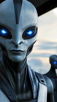 Strange figures with glowing blue eyes and sleek features stand together against a backdrop of an otherworldly sky. Their presence sparks curiosity and wonder about the universe