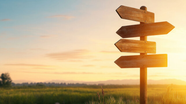 Naklejki Business direction and target, Weathered signpost at crossroads with directional arrows, evoking choices and adventure