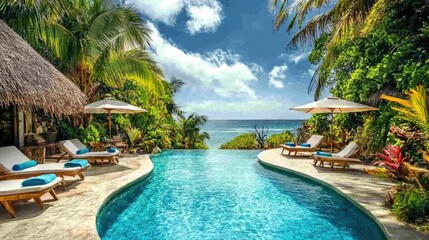 Fototapeta premium Tropical Paradise Pool with Lounge Chairs and Palm Trees near Ocean