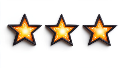 Obraz premium Business direction and target, Three glowing yellow stars with soft shadows on white background