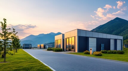 Obraz premium Modern Industrial Park with Geometric Buildings Against a Mountainous Landscape at Sunset