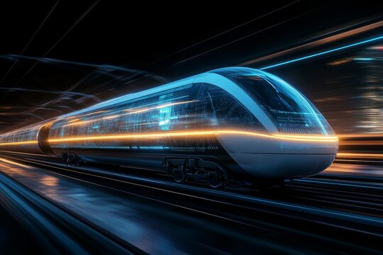 A conceptual hyperloop train racing through a vacuum tube, symbolizing the future of transportation