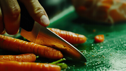 Obraz premium A close-up of someone cutting fresh carrots with a sharp knife on a green chopping board, showcasing the vibrant orange of the carrots and the precision of the slicing action. 