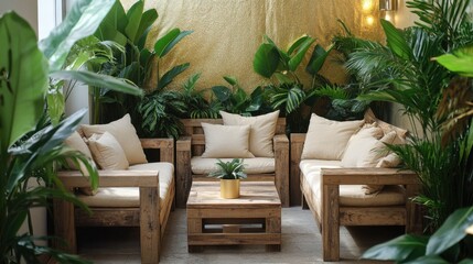 Serene Reading Nook with Rustic Wooden Furniture Surrounded by Plants