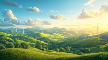 Fototapeta premium Scenic Rolling Green Hills Under Clear Blue Sky at Sunrise