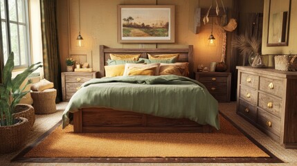 Cozy Rustic Bedroom with Warm Mocha Brown Rugs and Green Bedding