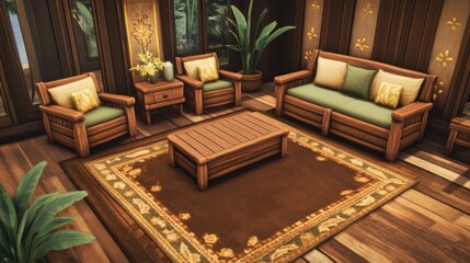 Fototapeta premium Cozy Living Room with Warm Mocha Brown Rugs and Rustic Furniture