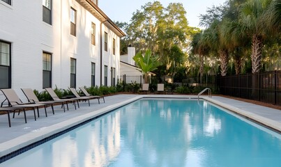 Fototapeta premium pool of a A modern luxury white brick townhouse in savannah Georgia with views of the live oak trees, Generative AI 