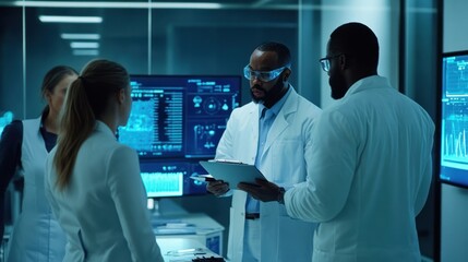 Obraz premium A diverse group of scientists discussing results in a glass-walled conference room, digital screens displaying data 