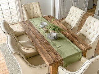 Rustic Dining Table with Sage Green Table Runner and Elegant Chairs