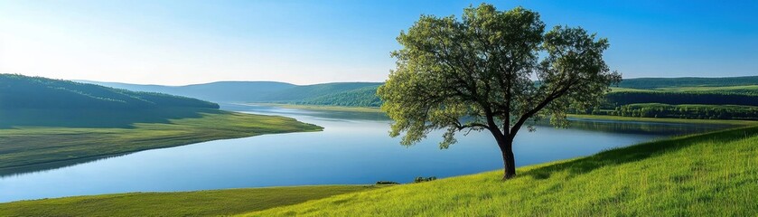 Tranquil Lake Landscape, Serene View of a Single Tree on a Grassy Hillside