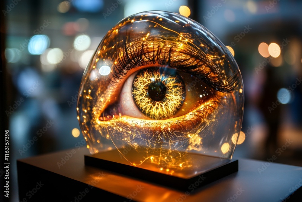 Poster a futuristic 3d iris recognition device scanning a holographic eye with dynamic, glowing overlays