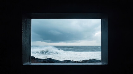 dramatic ocean storm viewed through old stone window, showcasing powerful waves crashing against shore