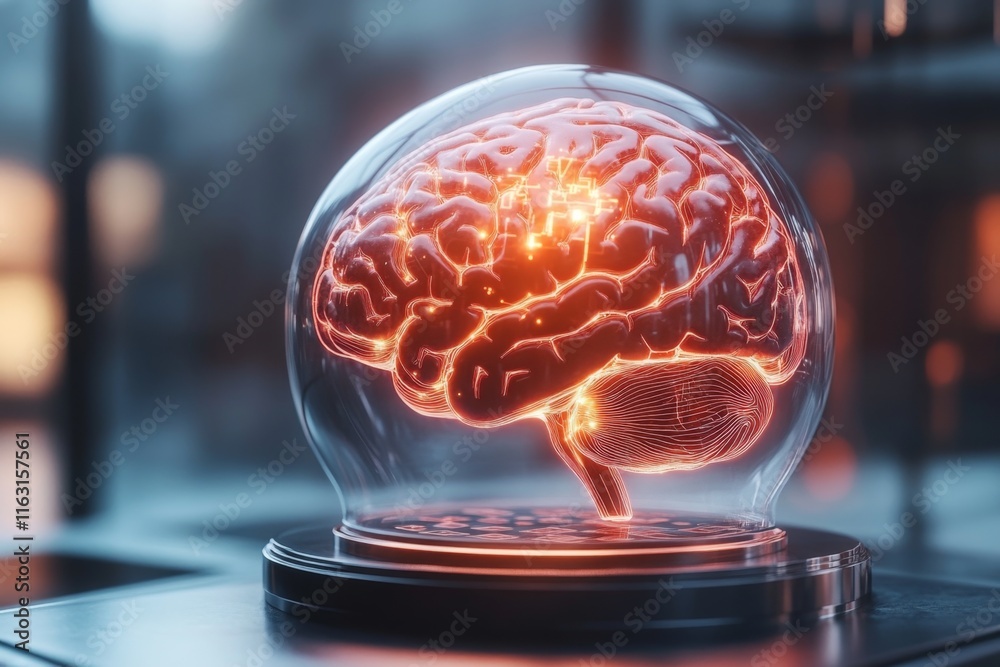 Aufkleber A futuristic holographic display of a glowing brain interface with digital IQ puzzles projected in 3D