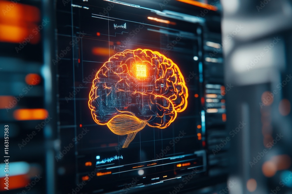 Poster A futuristic holographic display of a glowing brain interface with digital IQ puzzles projected in 3D