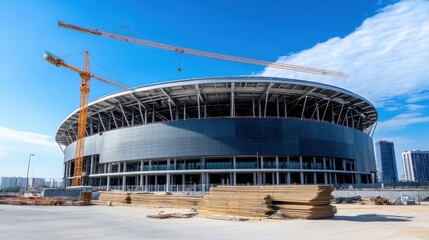 Modern stadium construction site with crane, scaffolding and construction materials against blue sky