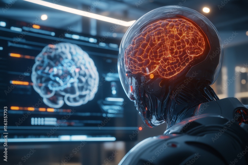 Aufkleber a futuristic scene of a person connected to a holographic neural interface, with iq puzzles projecte