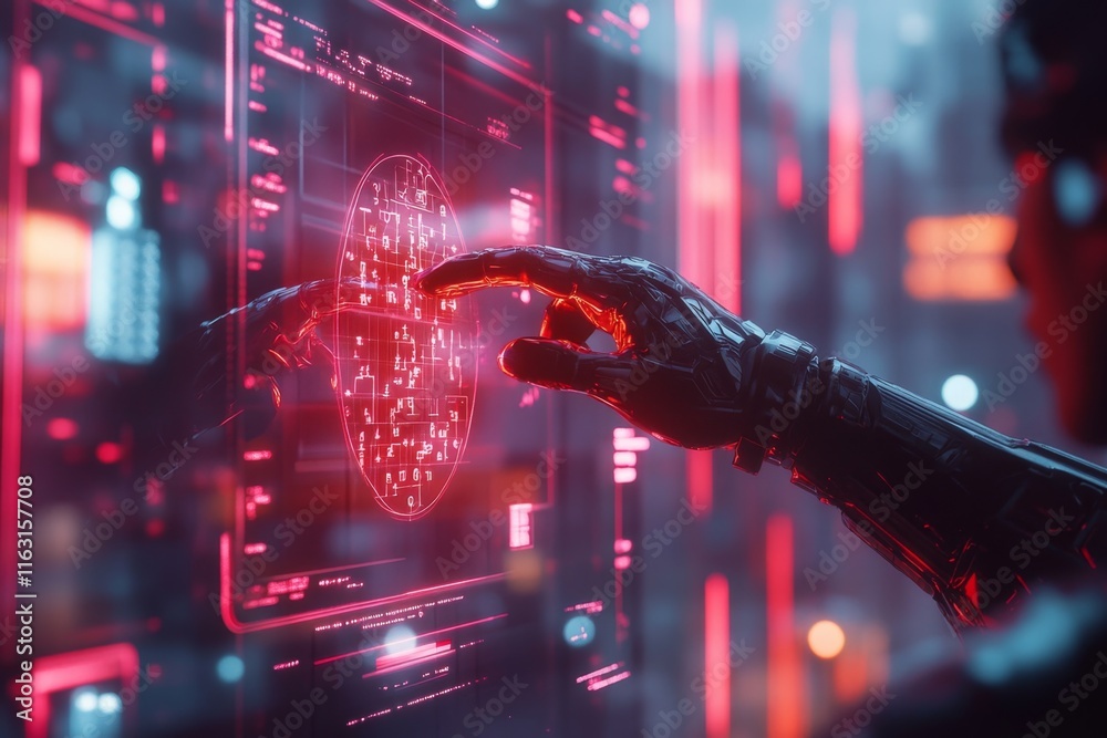 Aufkleber a futuristic scene of a person connected to a holographic neural interface, with iq puzzles projecte