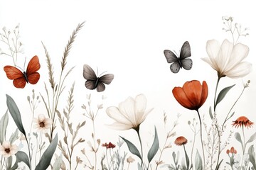 Naklejka premium A garden party invitation featuring watercolor illustrations of flowers, greenery, and butterflies on a cream background