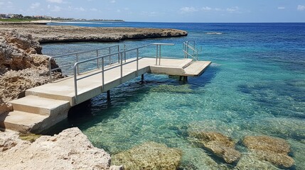 Fototapeta premium Tranquil Coastal Scene with Wooden Dock and Clear Blue Water