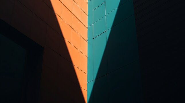 Color photograph of architecture, employing harsh lighting to create strong shadows. Terracotta and teal tones are prominent, highlighting the sharp lines and detailed textures. Wide-angle, business