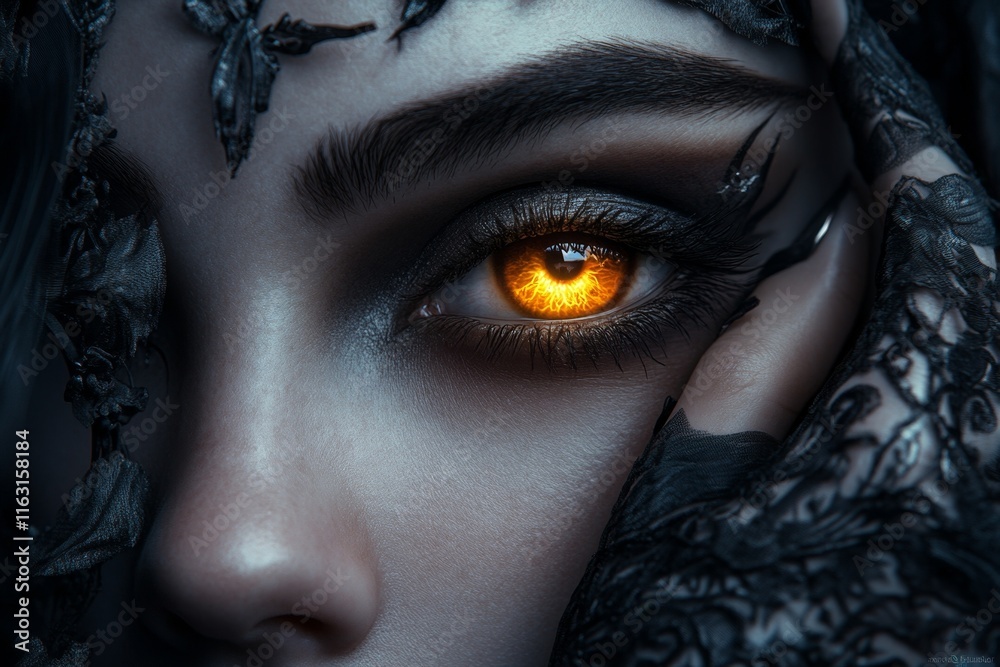Poster a gothic depiction of a mysterious eye with a glowing golden iris, surrounded by dark shadows and or