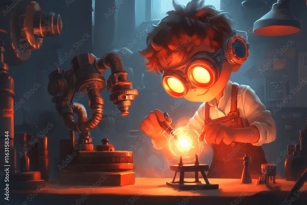 Poster A gothic-inspired lab where a scientist is creating glowing, mysterious devices in the shadows of ancient machinery