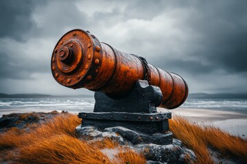 A historical iron cannon displayed on a grassy hill, with a dramatic cloudy sky in the background