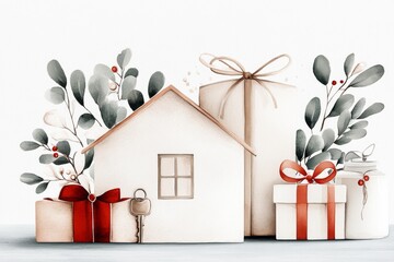 A housewarming invitation with an illustrated home, keys, and a welcoming phrase in bold, friendly lettering