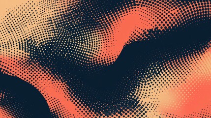 Abstract halftone pattern with orange and dark blue wavy texture.