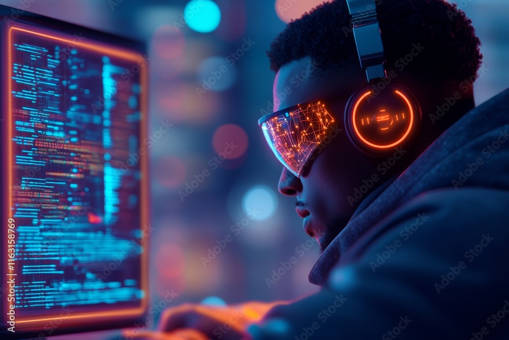 Poster A hyper-realistic scene of a scientist using an advanced AI system, with glowing neural networks and detailed machinery