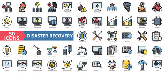 Disaster recovery icon collection set. Containing house on fire, infrastructure, natural disaster, it support, threats, computer virus, flood icon. Simple flat outline vector illustration