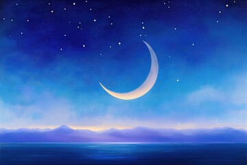 Fototapeta premium Night landscape with crescent moon, starry sky above calm ocean. Silhouettes of distant mountains are seen. Soft colors, gentle texture. Peaceful, serene scene. Imaginative starry night sky landscape.