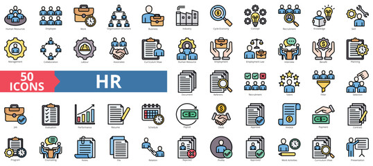 Human resources icon collection set. Containing employee, work, organization structure, business, industry, cycle economy, hr, concept icon. Simple flat outline vector illustration