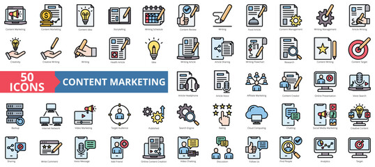 Content marketing icon collection set. Containing idea, storytelling, writing schedule, review, writing, food article, management icon. Simple flat outline vector illustration